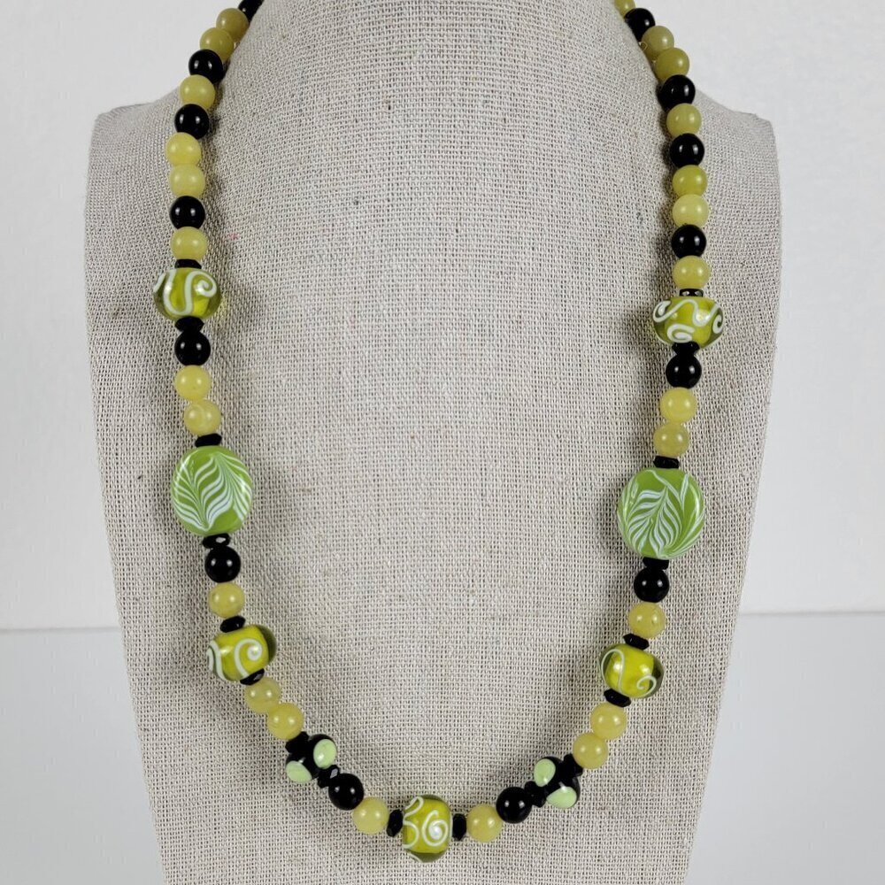 Green And Black Millefiori Glass Beaded Necklace 21" Silver-Tone Toggle Clasp